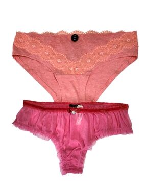 2pc M Victorias Secret Hot Pink Heart Charm Panty & La Vie en Rose Coral Bikini